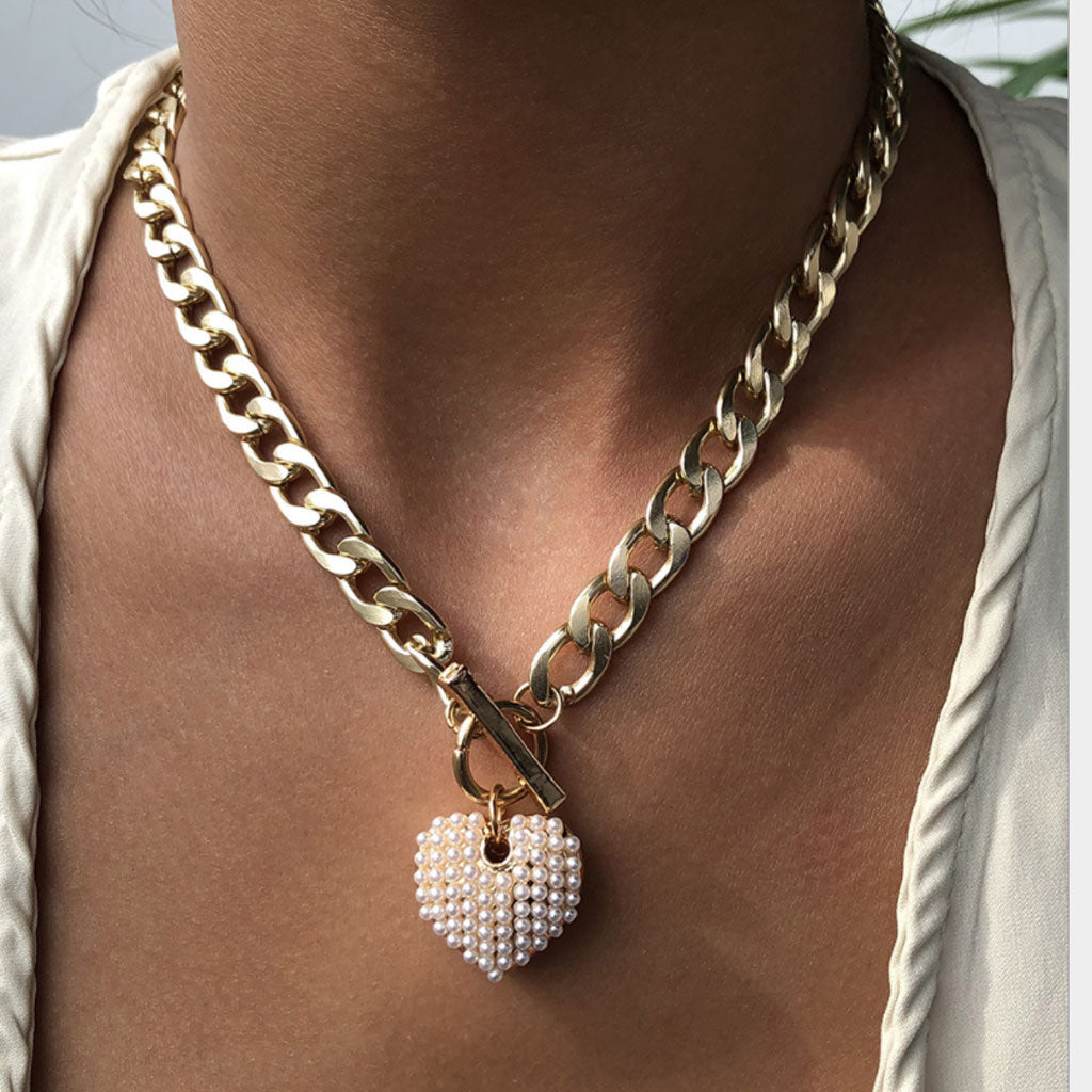 Vintage Chunky Chain Pearlized Heart Charm Necklace Gold One Size /
