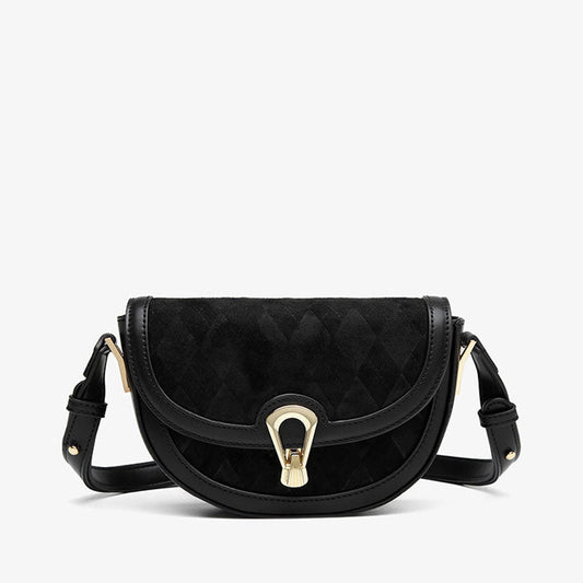 Vintage Suede Argyle Faux Leather Saddle Bag Black One Size /