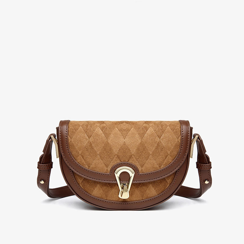 Brown Faux Leather Crossbody Saddle Bag With Vintage Suede Argyle Pattern One Size /