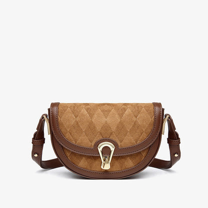 Brown Faux Leather Crossbody Saddle Bag With Vintage Suede Argyle Pattern One Size /