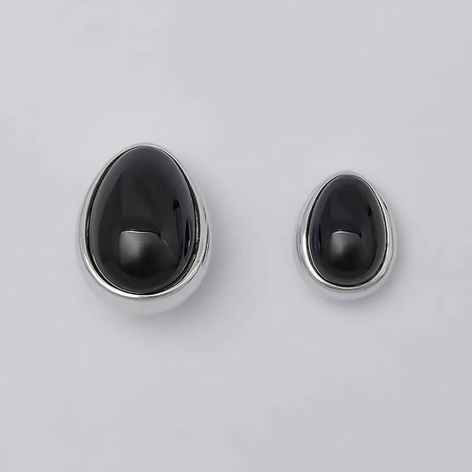 Two Tone Onyx And Sterling Silver Pebble Stud Earrings Black / Small