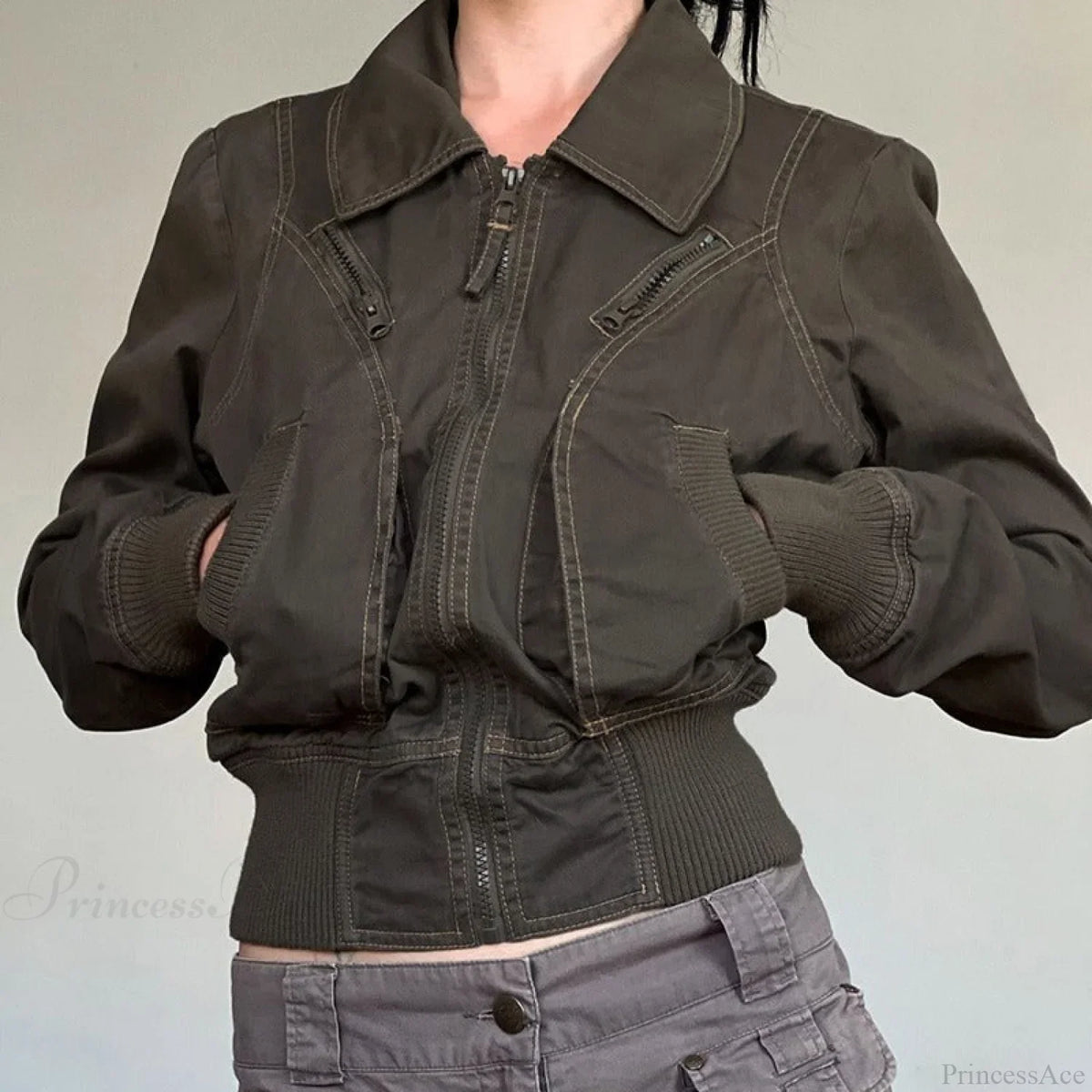 Vintage Utility Zip Slim Fit Pocket Jacket Army green / S