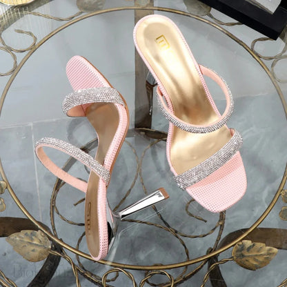 Wave Point Rhinestone Slippers With 9.5Cm High Heels Open Toe Perfect For Outdoor Wear.