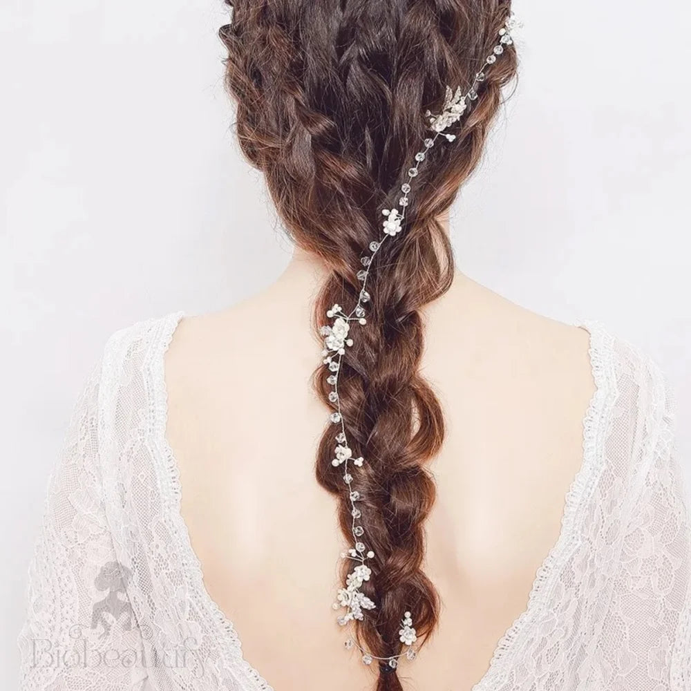 Wendy Pearl Crystal Long Bridal Hair Vine