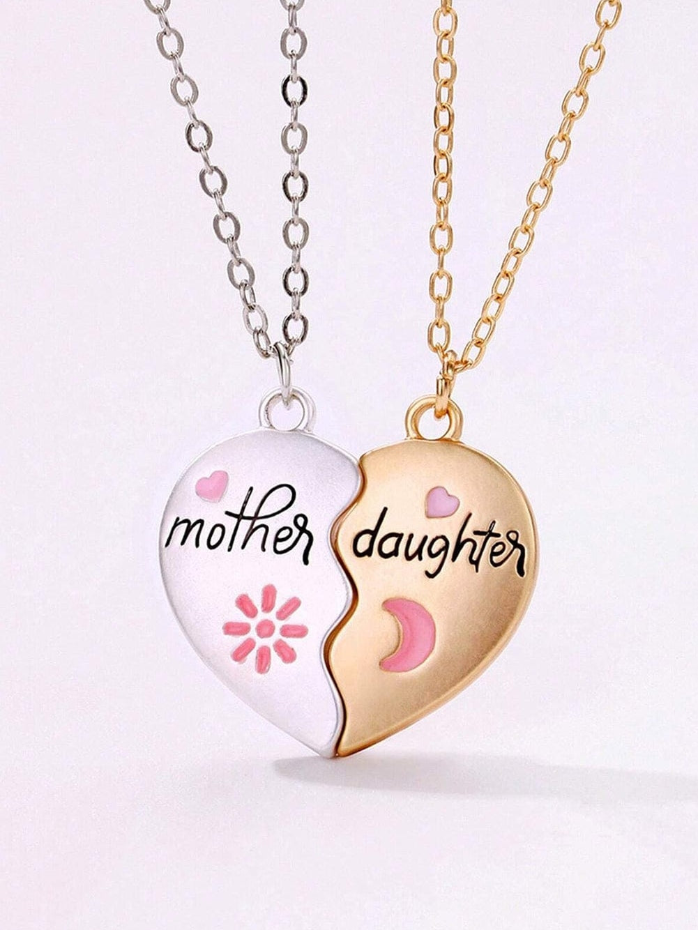 Mother Daughter Magnetic Heart Necklace Set - White Alloy / One Size