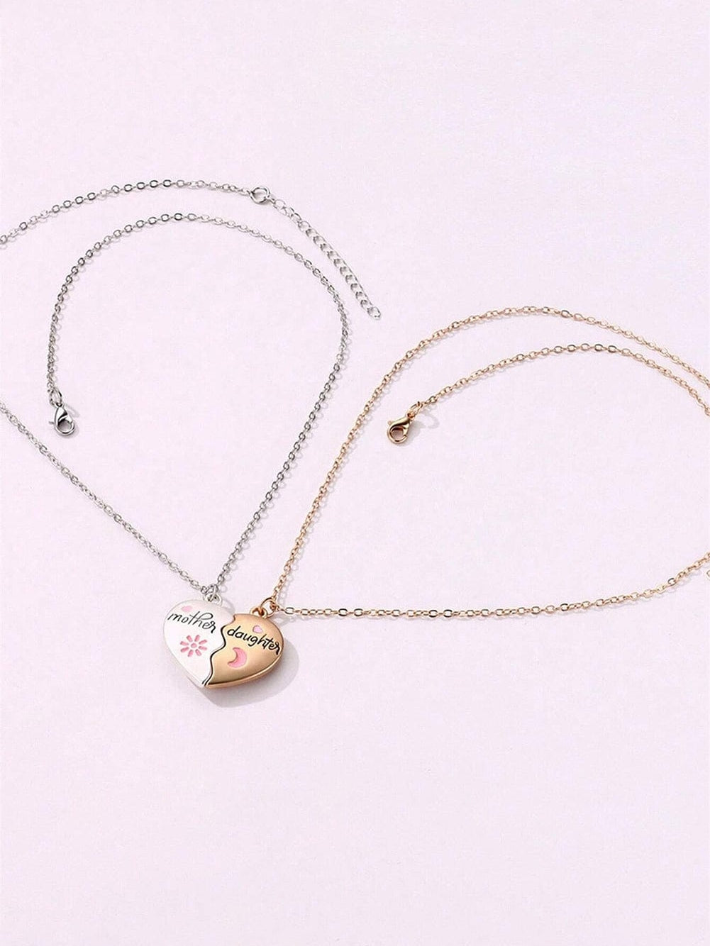 Mother Daughter Magnetic Heart Necklace Set - White Alloy