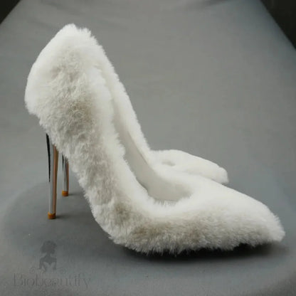 White Faux Fur Pointy Toe High Heel Shoes For Women