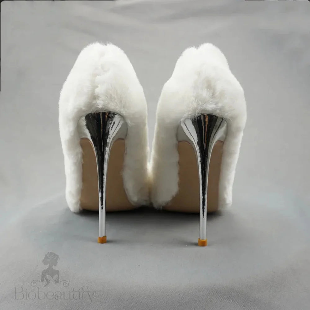 White Faux Fur Pointy Toe High Heel Shoes For Women