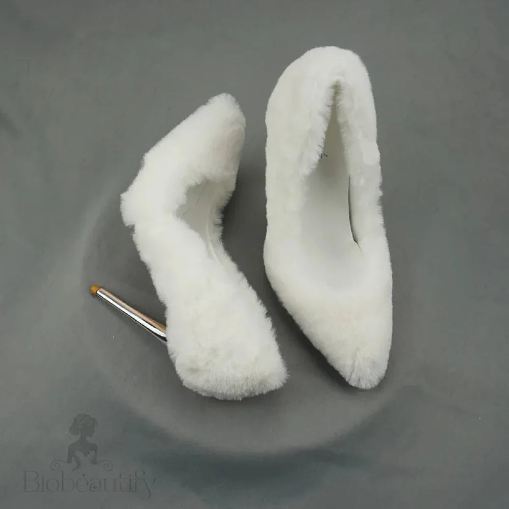 White Faux Fur Pointy Toe High Heel Shoes For Women