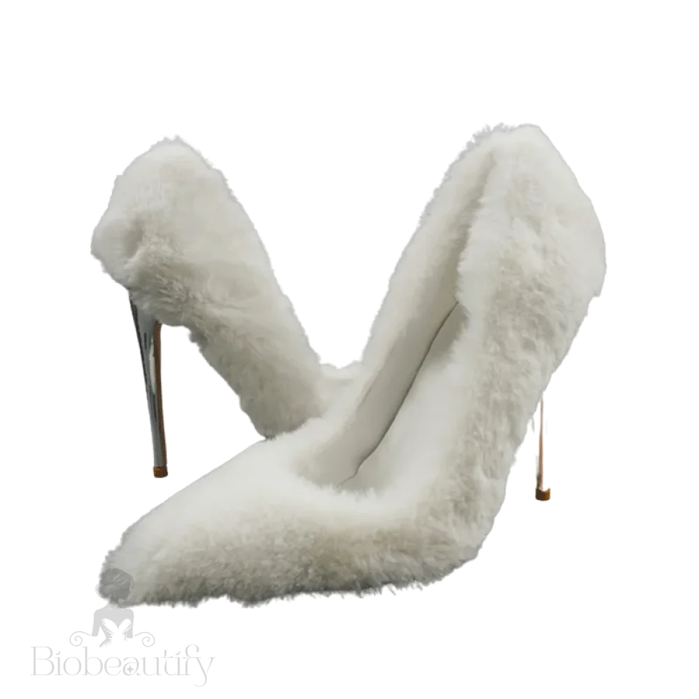 White Faux Fur Pointy Toe High Heel Shoes For Women