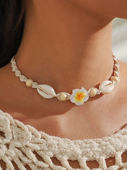 Seashell And Flower Polymer Clay Choker Necklace White / One Size