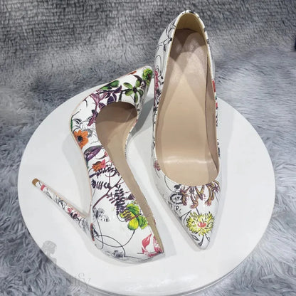 White Glossy Pointy Toe High Heel Dress Shoes Slip On Stiletto Pumps With Plants Print For Women