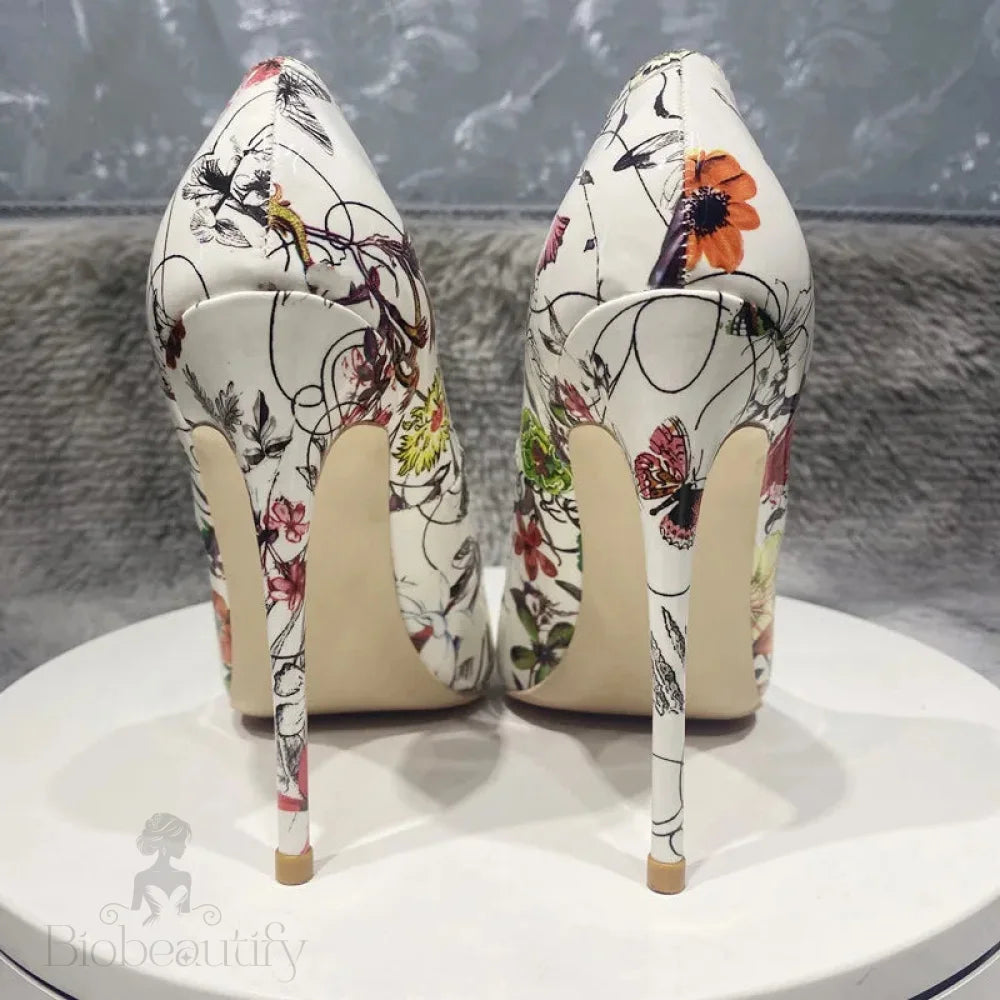 White Glossy Pointy Toe High Heel Dress Shoes Slip On Stiletto Pumps With Plants Print For Women