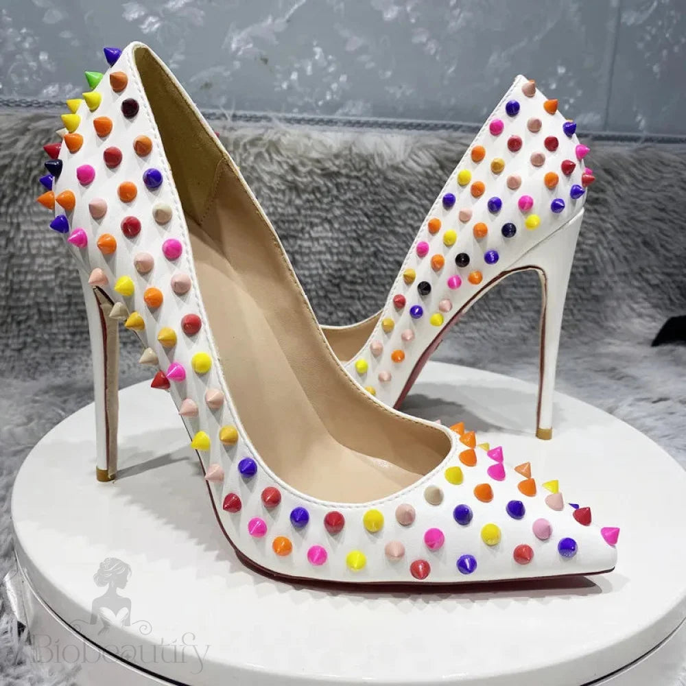 White Matte Pointy Toe High Heel Celebrity Party Shoes With Multi-Color Spikes For Women