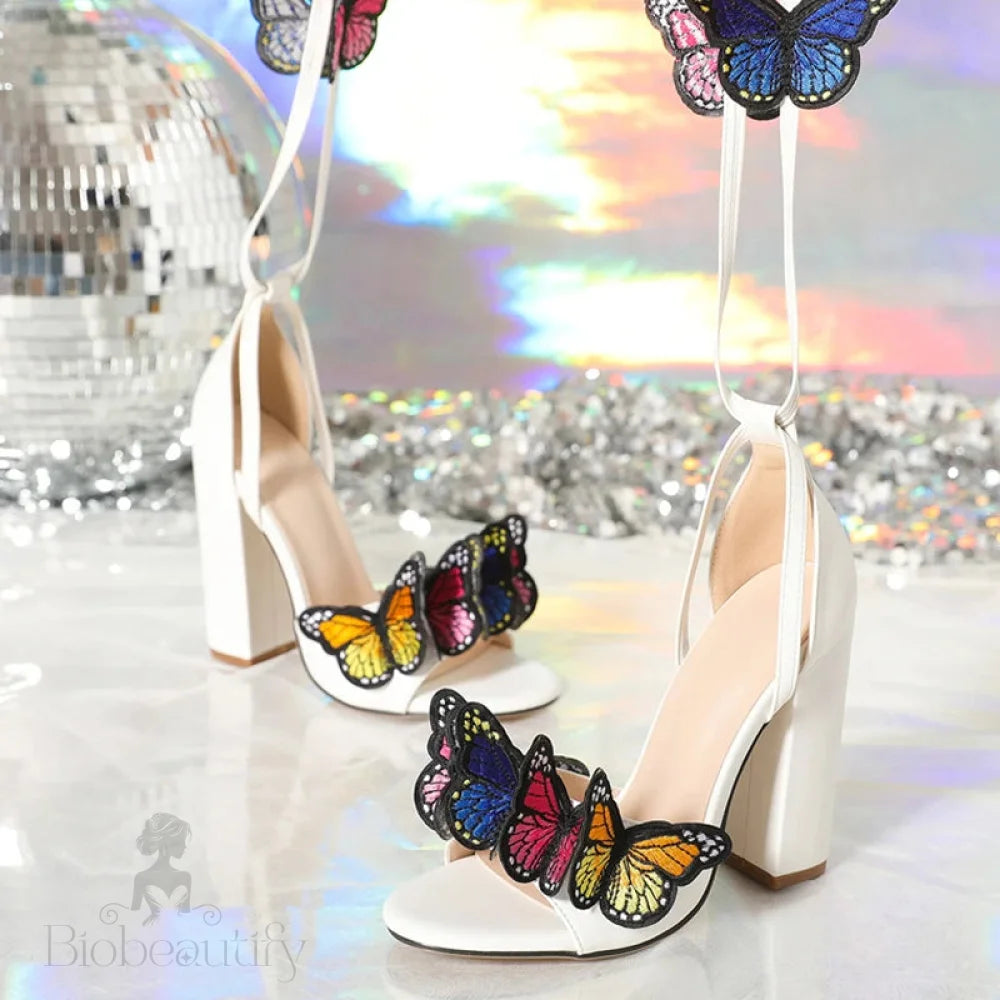 White Open Toe Sandals With Handwork Embroidery Butterfly Lace-Up High Heels For Women