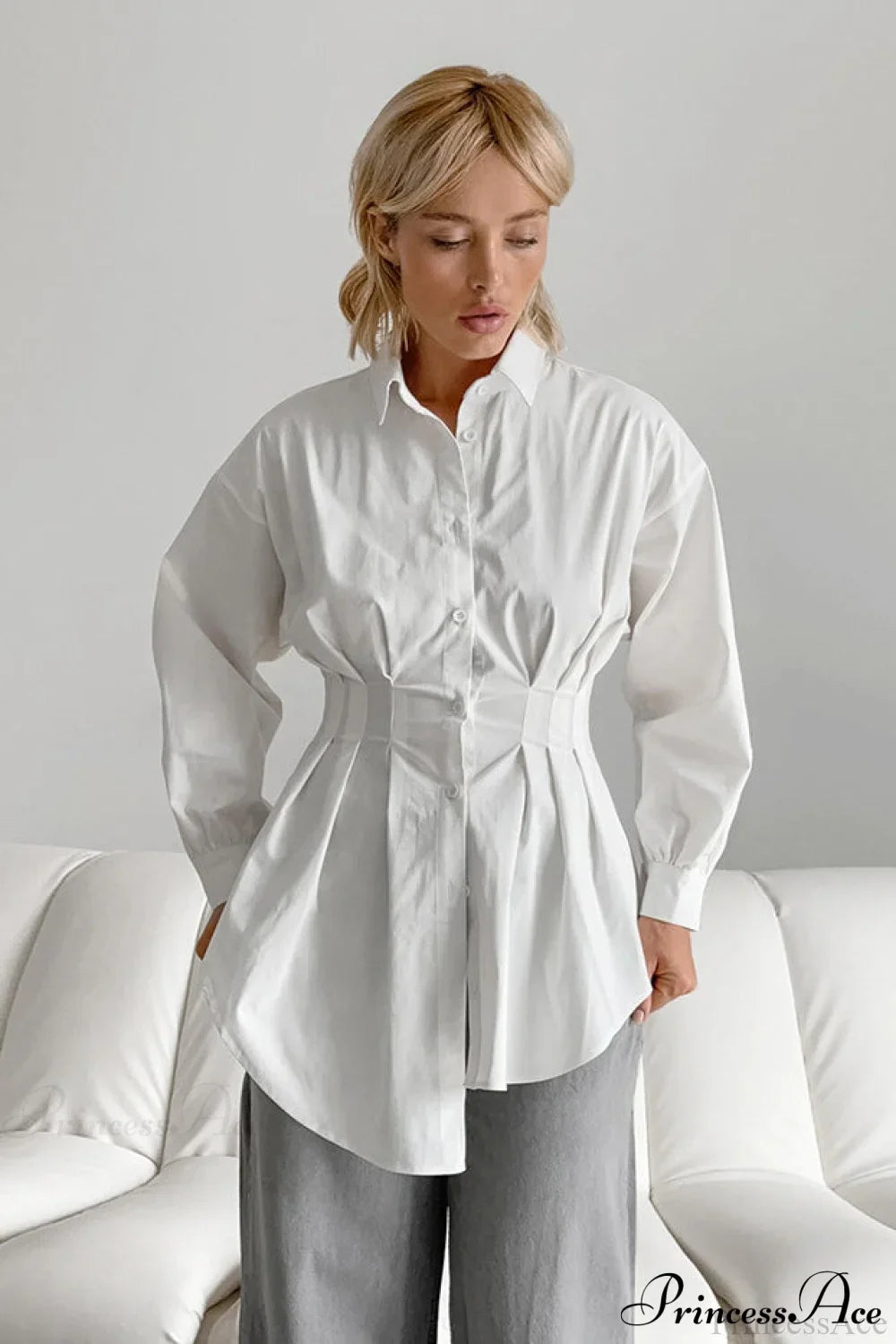 White Pleated Waist Slim Blouse White / S