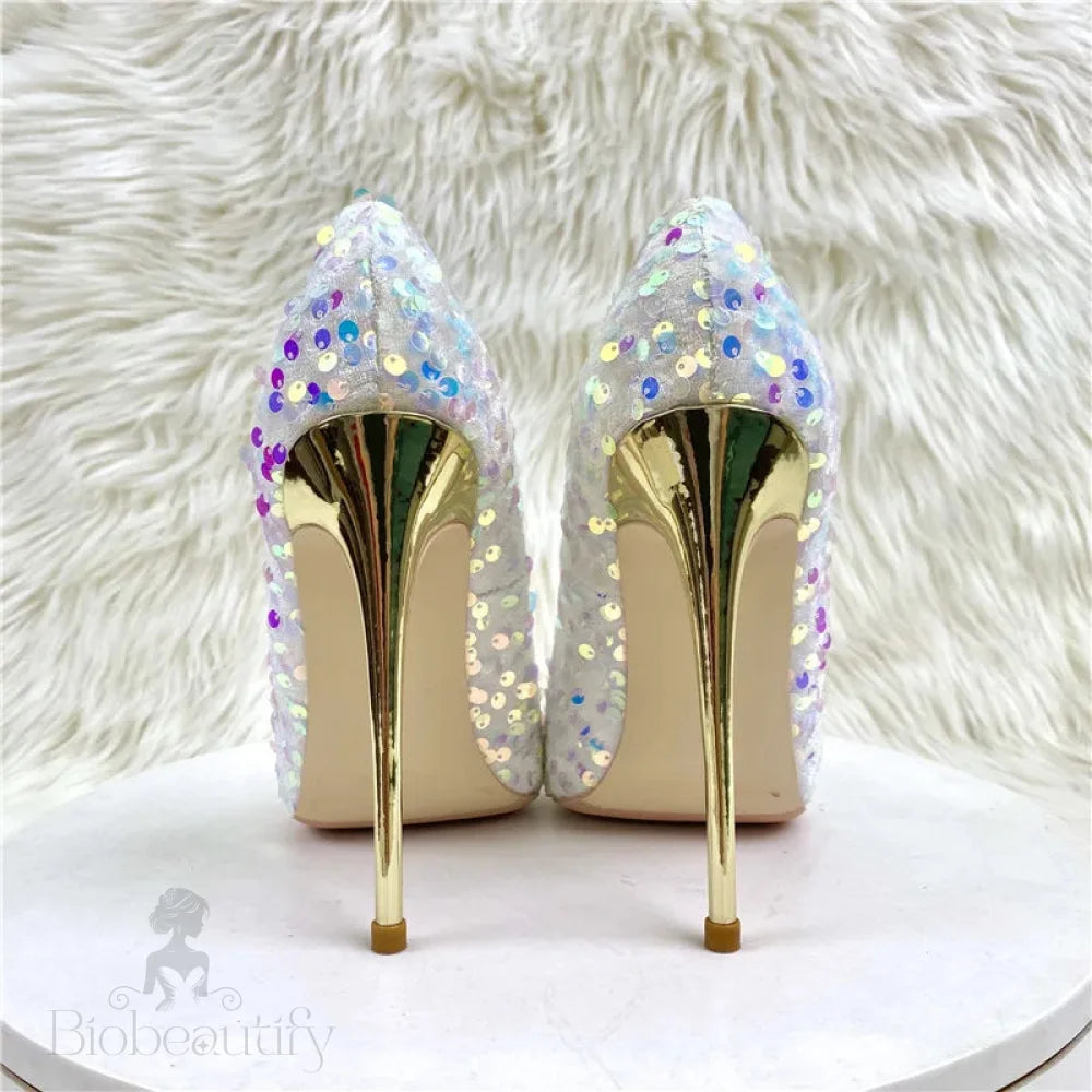 White Pointy Toe High Heel Shoes With Bling Sequins For Women