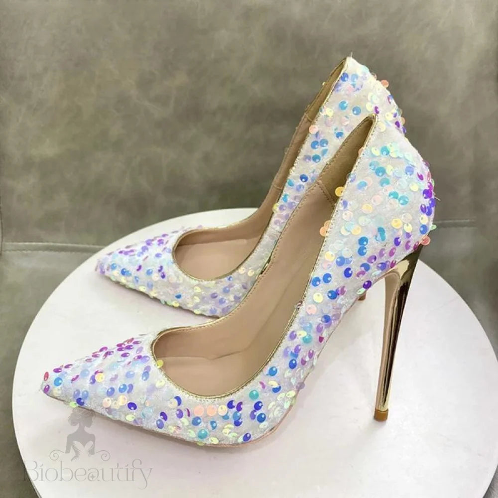 White Pointy Toe High Heel Shoes With Bling Sequins For Women