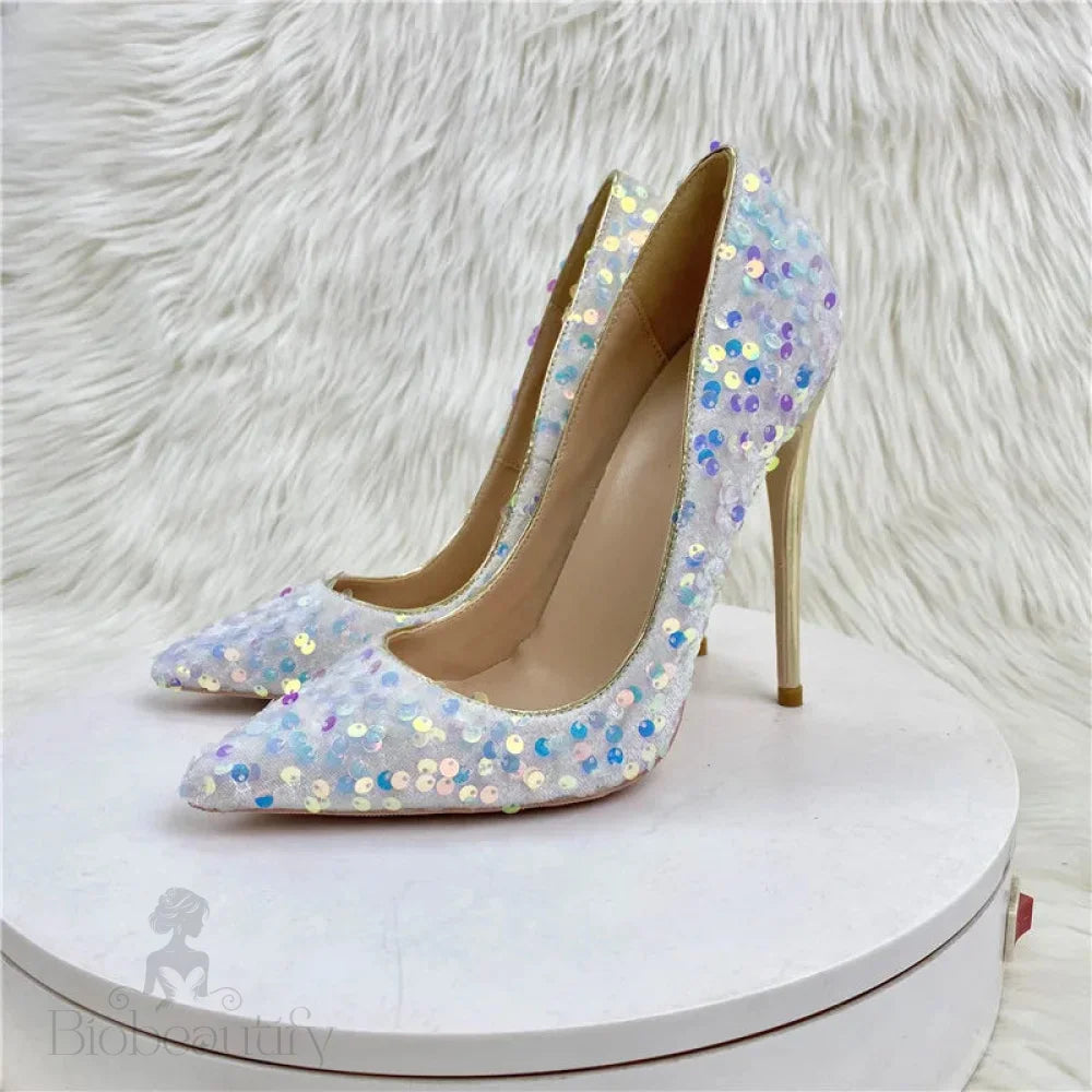 White Pointy Toe High Heel Shoes With Bling Sequins For Women