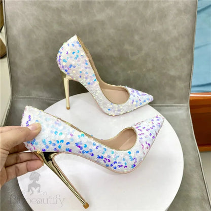 White Pointy Toe High Heel Shoes With Bling Sequins For Women