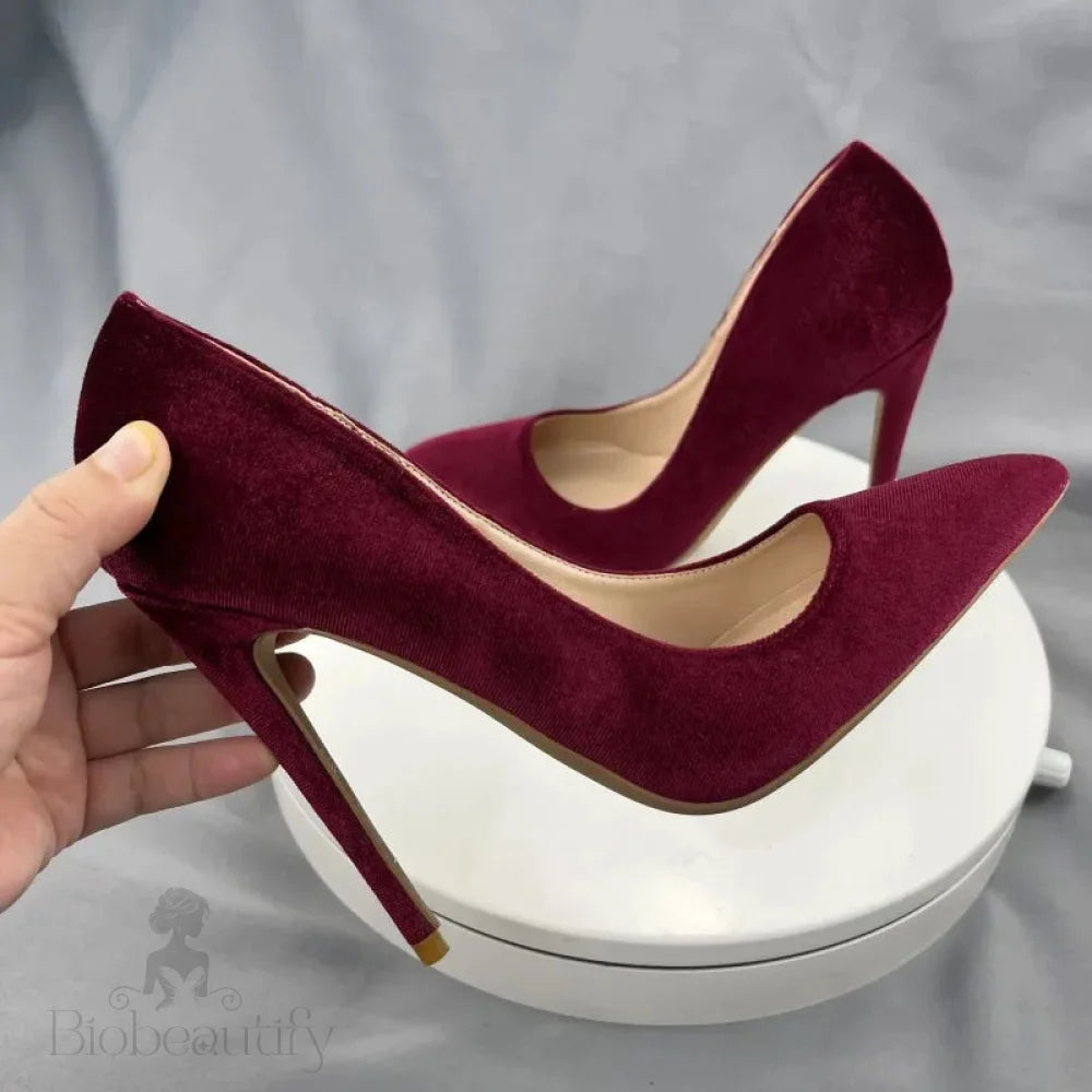 Wine Red Flock Pointy Toe High Heel Shoes For Women