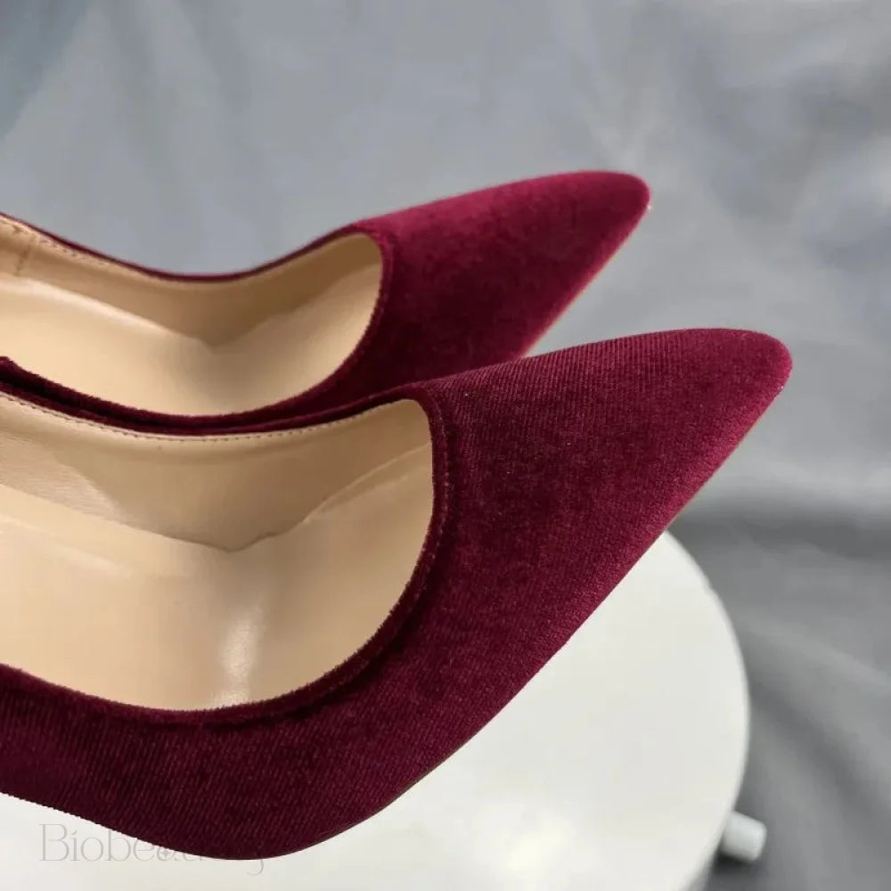 Wine Red Flock Pointy Toe High Heel Shoes For Women