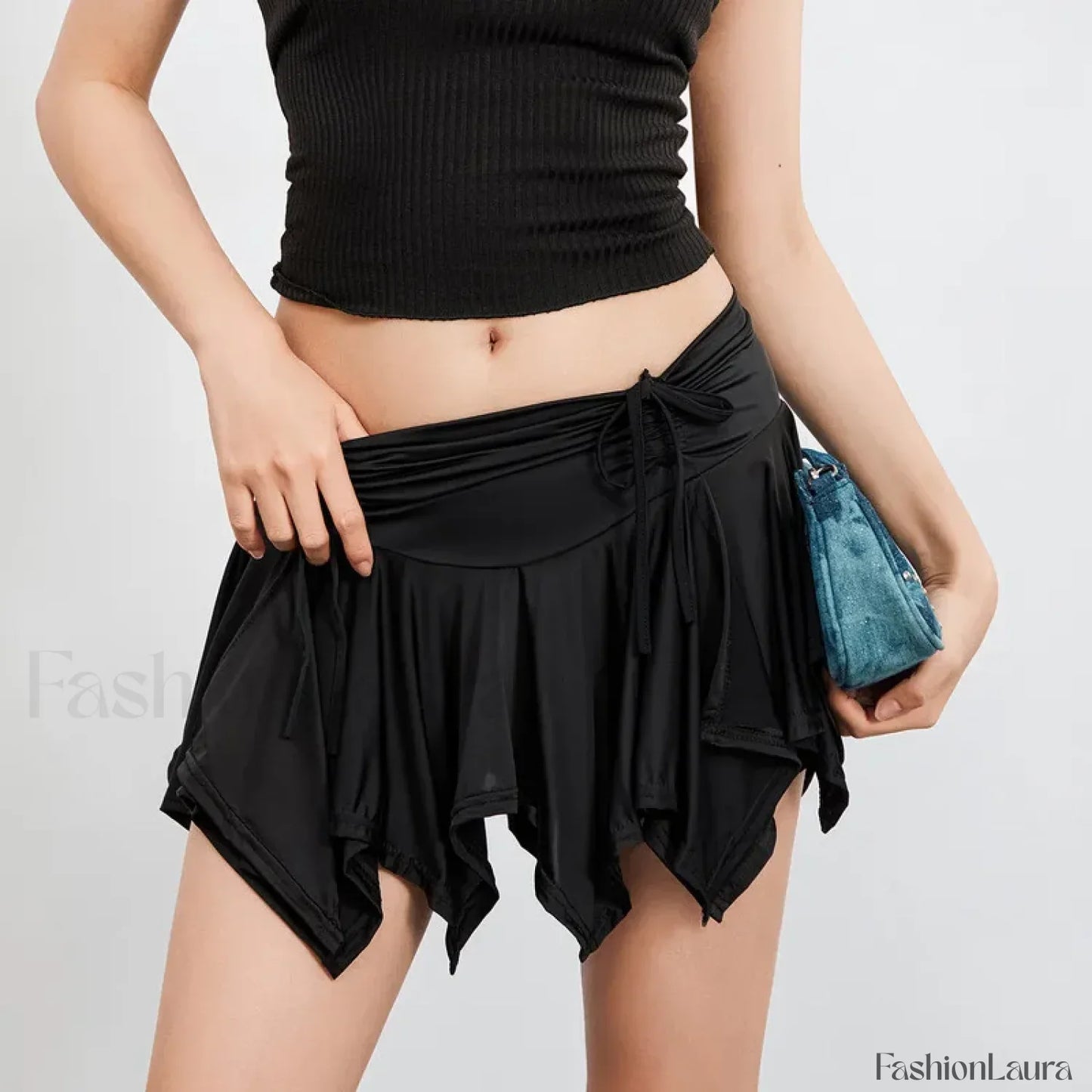 Women Solid Tie Up Drawstring Color Irregular Mini Summer Ruffles Gothic Ruched Skirt
