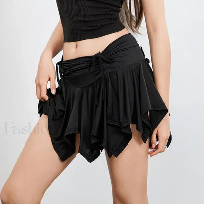 Women Solid Tie Up Drawstring Color Irregular Mini Summer Ruffles Gothic Ruched Skirt