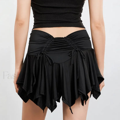 Women Solid Tie Up Drawstring Color Irregular Mini Summer Ruffles Gothic Ruched Skirt