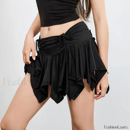 Women Solid Tie Up Drawstring Color Irregular Mini Summer Ruffles Gothic Ruched Skirt
