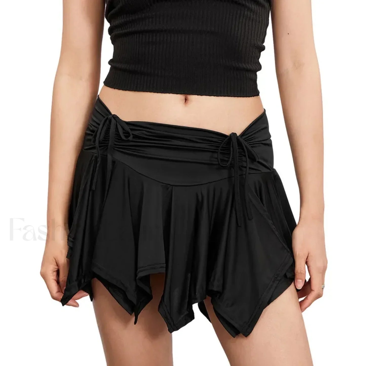 Women Solid Tie Up Drawstring Color Irregular Mini Summer Ruffles Gothic Ruched Skirt BLACK / S
