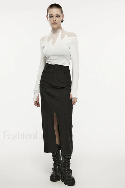 Women’s Daily V shaped Front Slit A line Mid length Metal Snap Button Dark Skirt BLACK / S