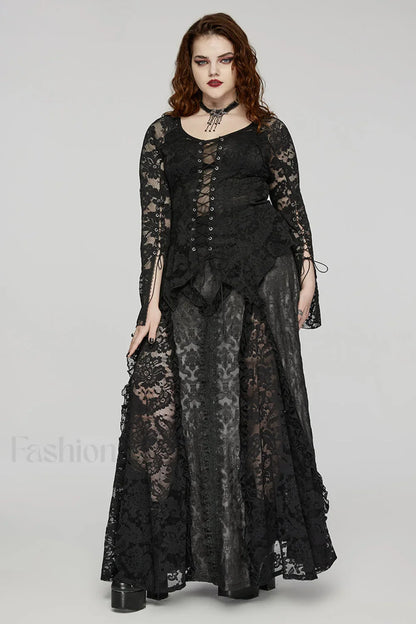 Women’s Gothic Charm Dark Pattern Inverted Triangle Splicing Design Mysterious Party Long Skirt BLACK / One Size