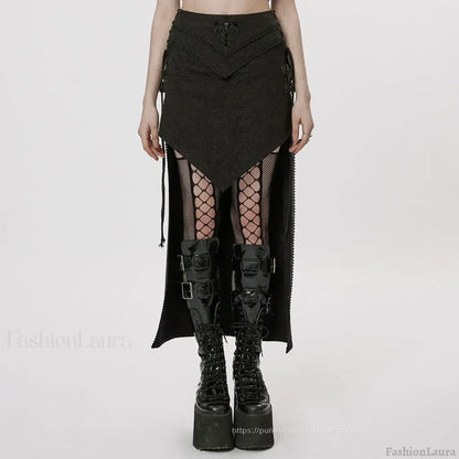 Women’s Gothic Style A-shaped Design Jacquard Dark Asymmetrical Personality Sexy Long Skirt BLACK / S
