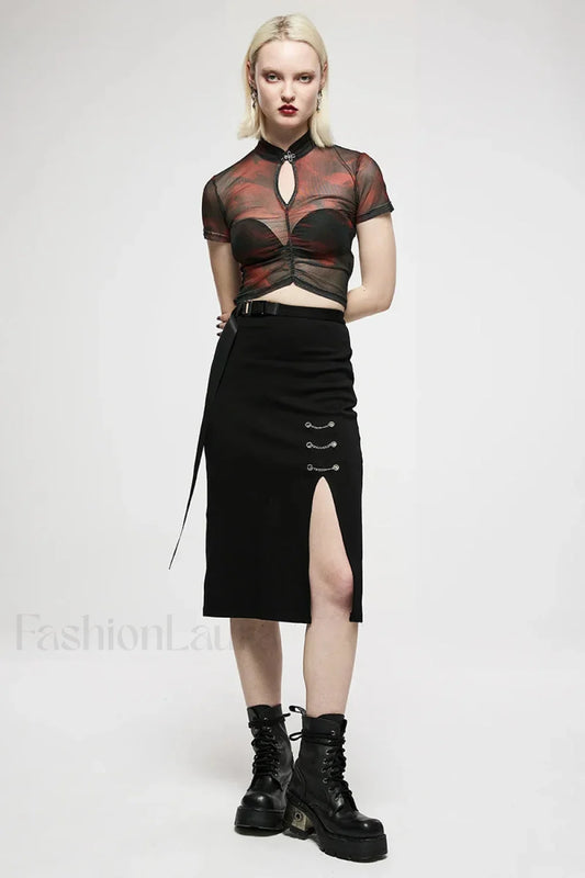 Women’s Long Front Slit Minimalist Daily Mid length Side Personality Casual Dark Chain embellished Skirt BLACK / S