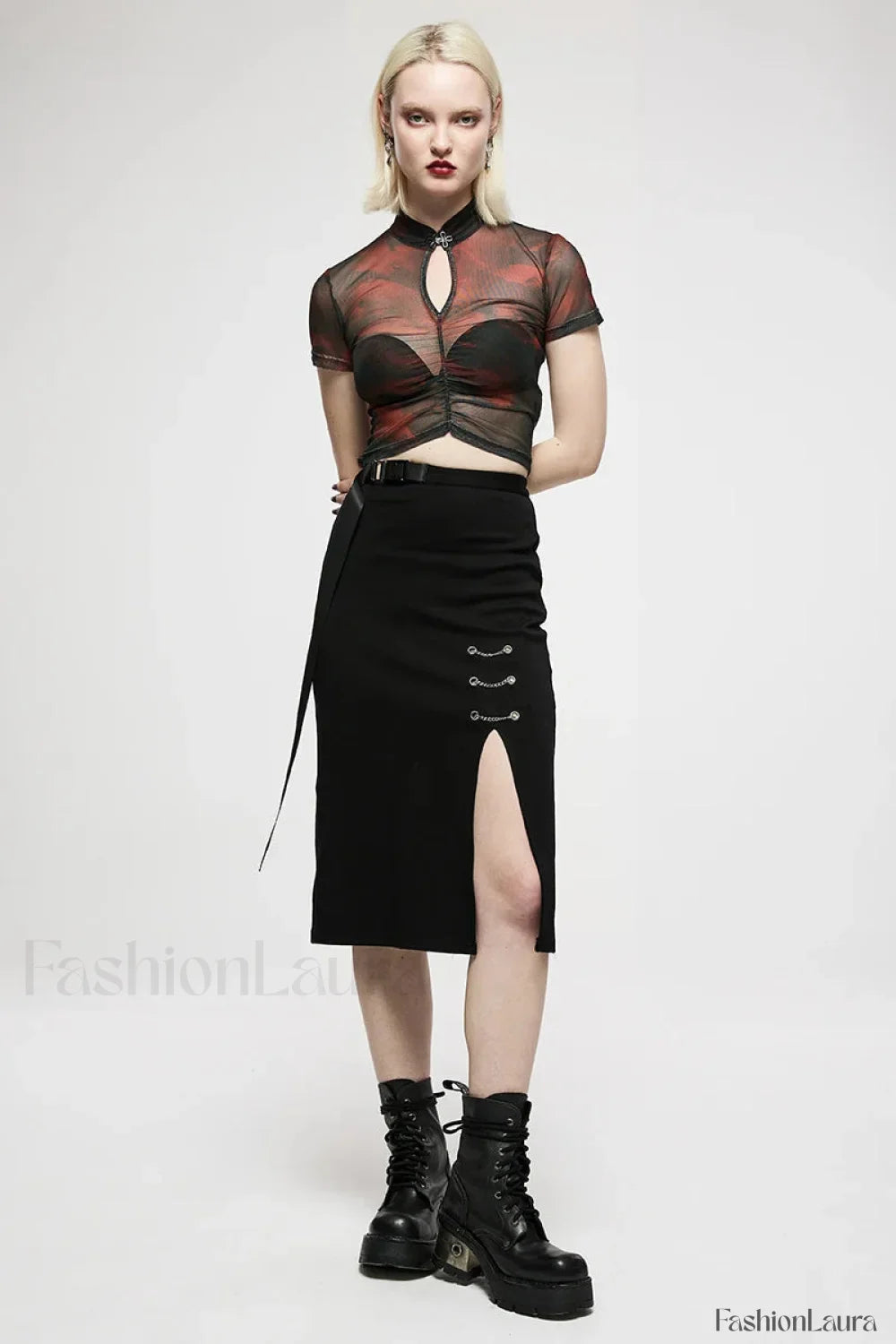 Women’s Long Front Slit Minimalist Daily Mid length Side Personality Casual Dark Chain embellished Skirt BLACK / S