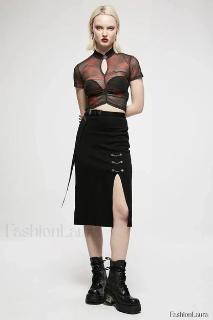 Women’s Long Front Slit Minimalist Daily Mid length Side Personality Casual Dark Chain embellished Skirt BLACK / S