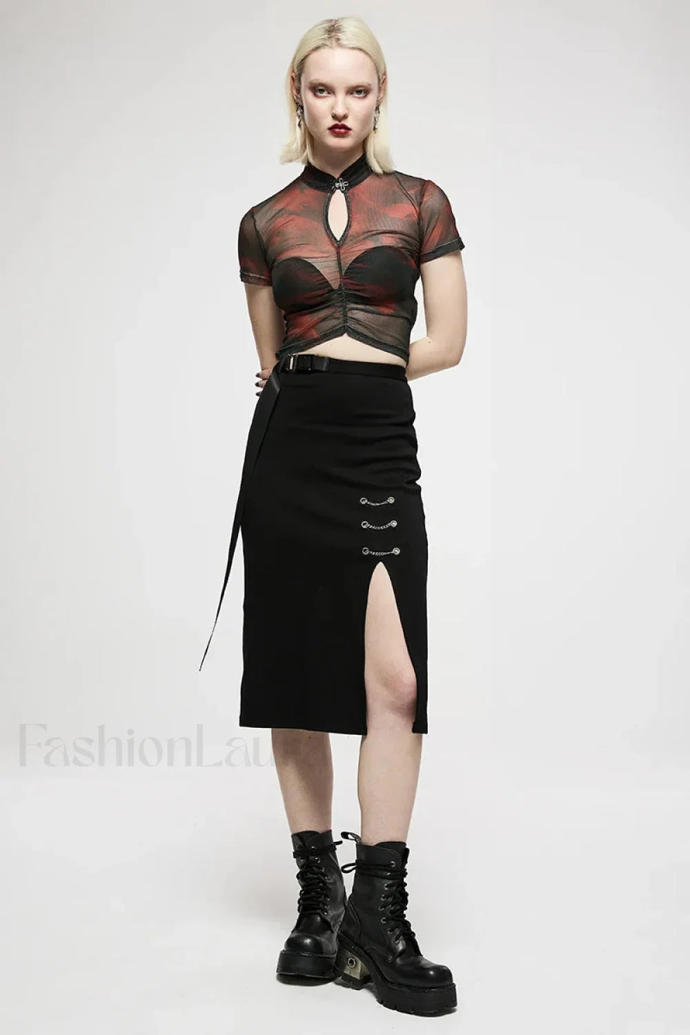 Women’s Long Front Slit Minimalist Daily Mid length Side Personality Casual Dark Chain embellished Skirt BLACK / S