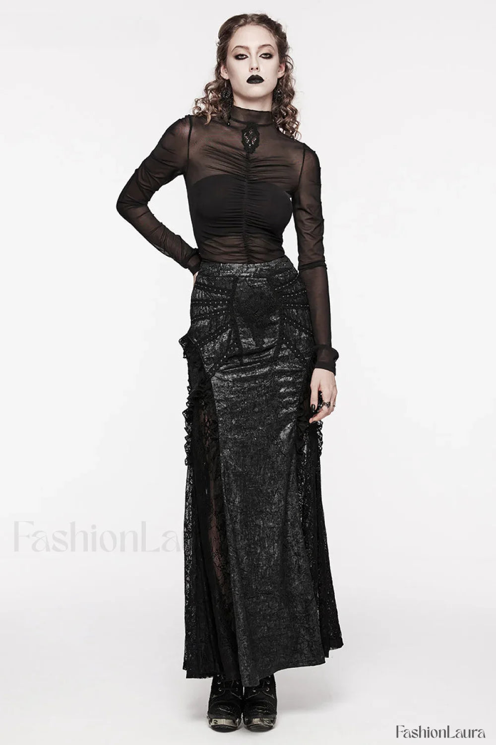 Women’s Long Gothic Sexy Textured Midi Party Club Lace Splicing Gorgeous Decoration Skirt BLACK / XS