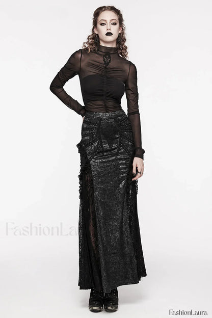 Women’s Long Gothic Sexy Textured Midi Party Club Lace Splicing Gorgeous Decoration Skirt BLACK / XS