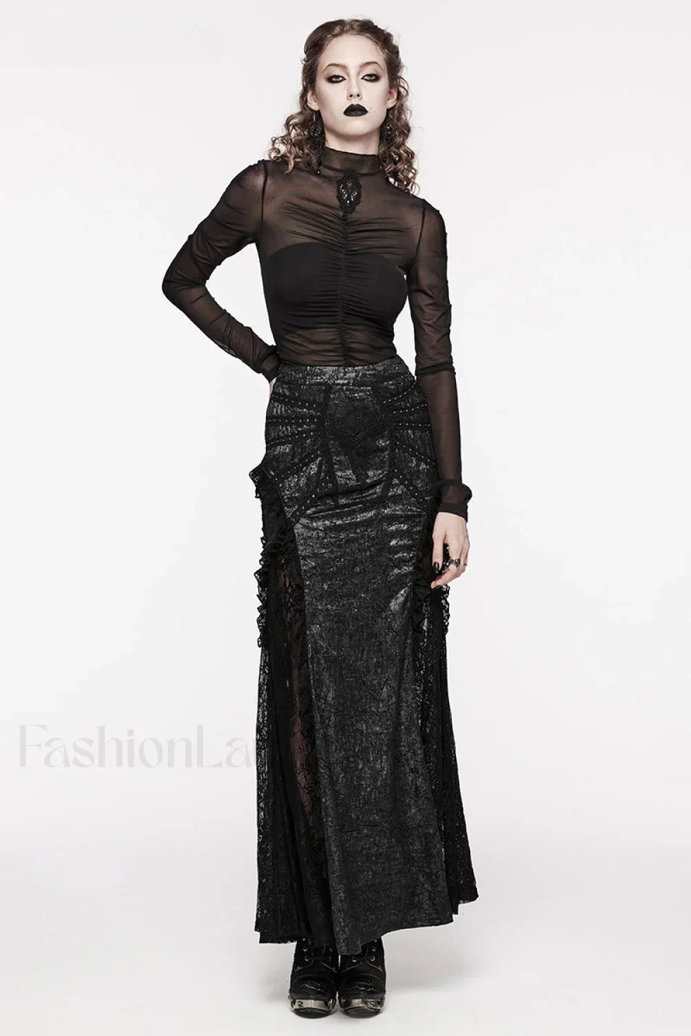 Women’s Long Gothic Sexy Textured Midi Party Club Lace Splicing Gorgeous Decoration Skirt BLACK / XS
