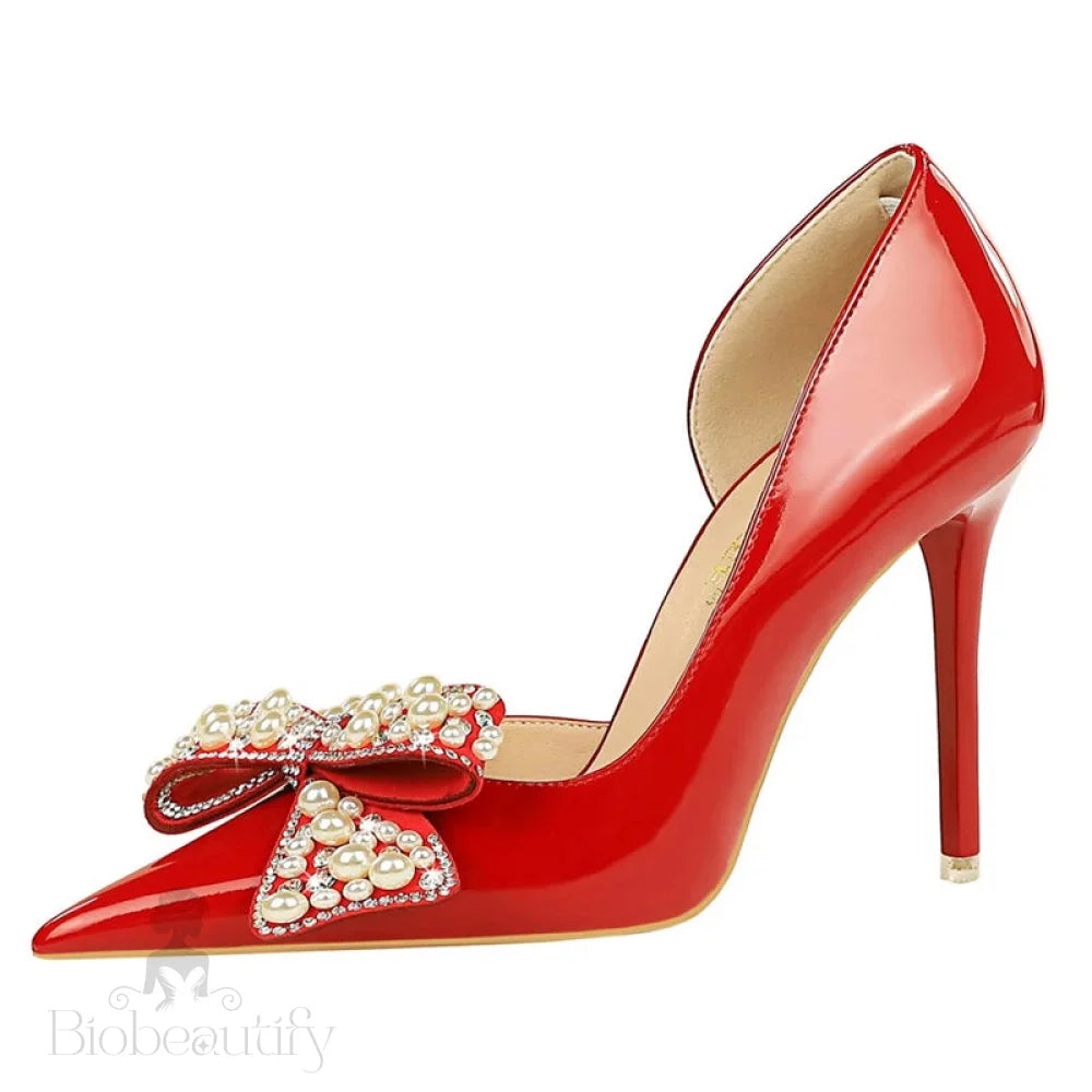 Women’s Luxury Bowknot Pearl Rhinestone Patent Leather High Heels