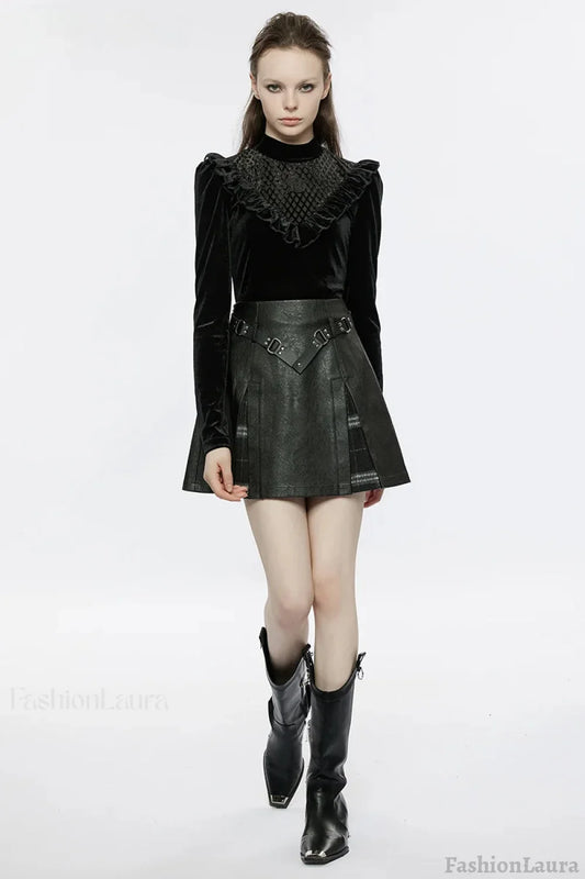 Women’s Plaid Splicing Rivet Metal Buckle Belt Daily A-Line Personality Faux Leather Mini Skirt BLACK / S