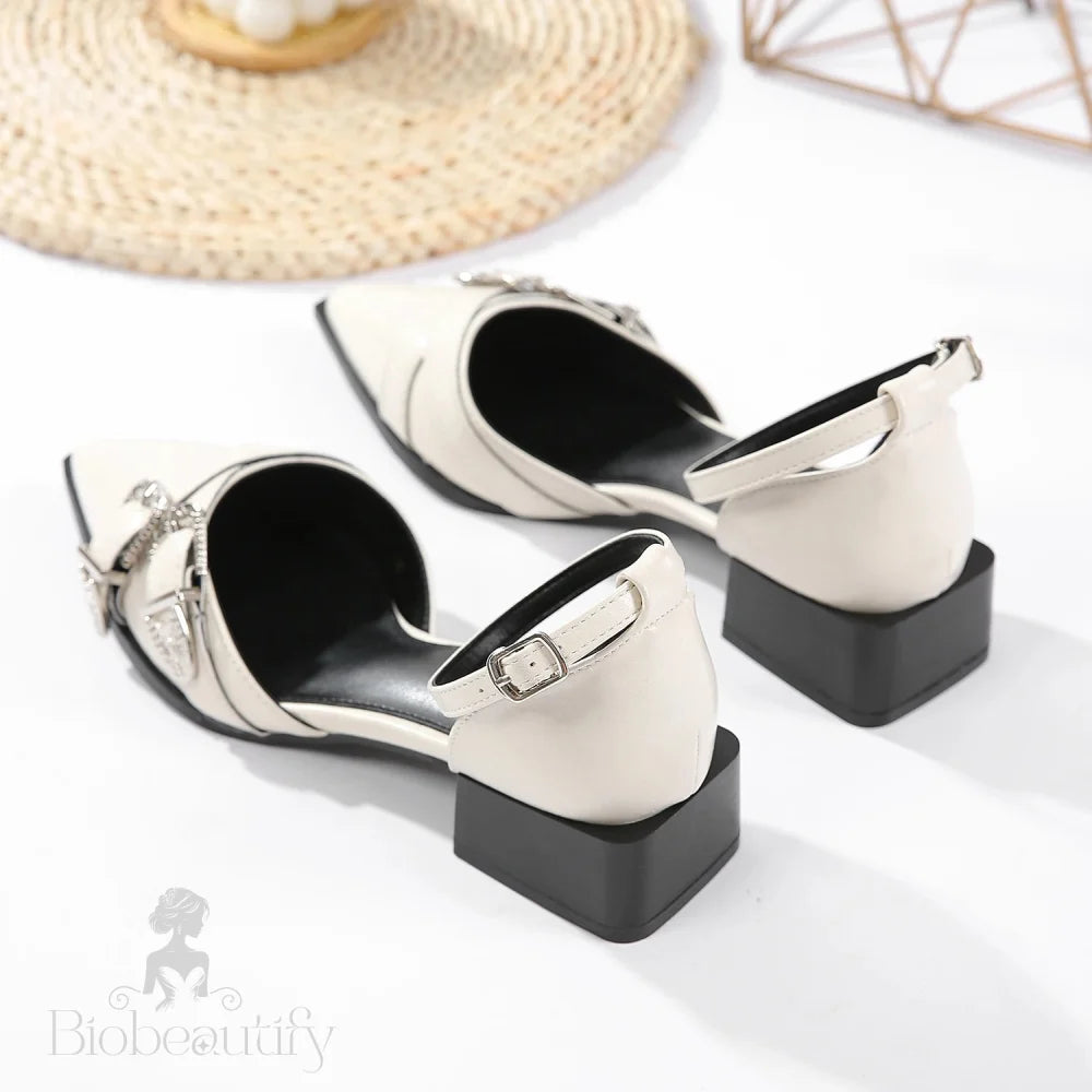 Women’s Rhinestone Pointed Shallow Low-Heeled Sandals With Belt Buckle