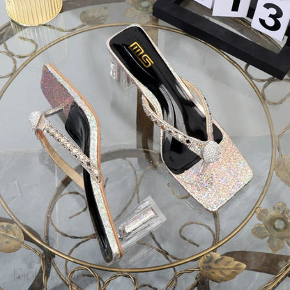 Women’s Rhinestone Square Toe Flip Flops With Transparent Thick Heel