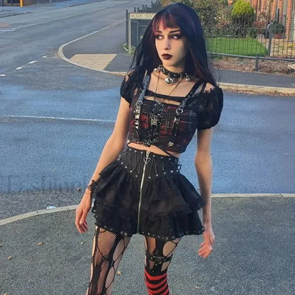 Women’s Skater Black Zipper Style Waist High Harajuku Japanese Kawaii Gothic Vintage Front Mini Skirt