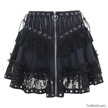 Women’s Skater Black Zipper Style Waist High Harajuku Japanese Kawaii Gothic Vintage Front Mini Skirt BLACK / S