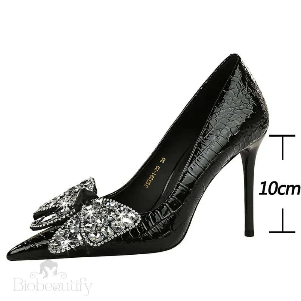 Women’s Stiletto Pumps With Bowknot Design And Rhinestone Detail