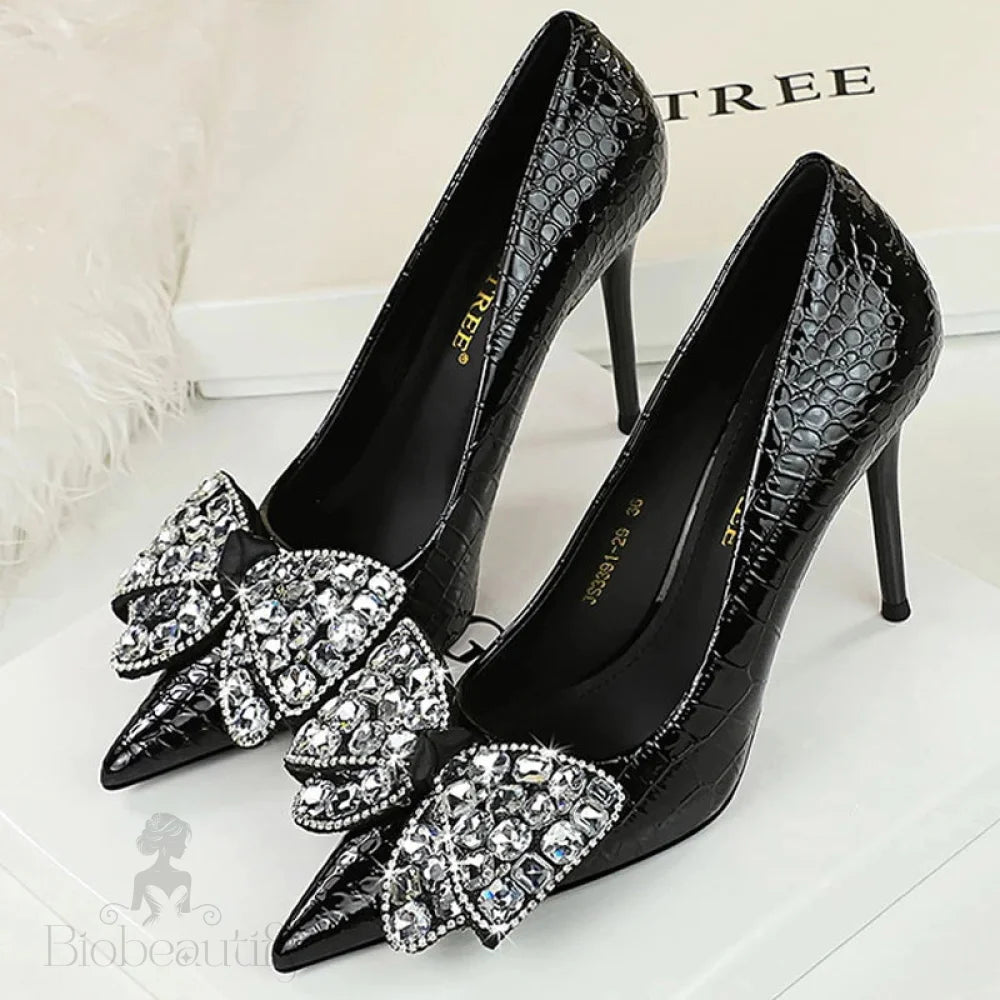 Women’s Stiletto Pumps With Bowknot Design And Rhinestone Detail