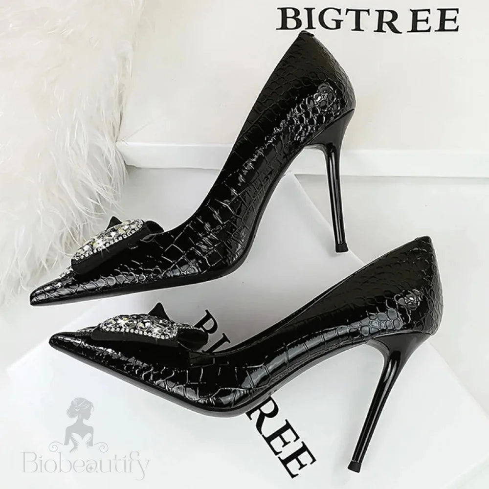 Women’s Stiletto Pumps With Bowknot Design And Rhinestone Detail